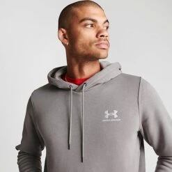Men's Under Armour Essential Fleece Hoodie Pewter/White - 1373880 294 -Nike Sportwear Sales 1373880 294 M5