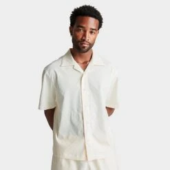 Nike Men's Jordan Essentials Woven Jacquard Camp Shirt Pale Ivory/Pale Ivory - DX9681Â 110