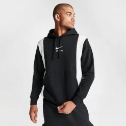 Men's Nike Air Retro Swoosh Fleece Pullover Hoodie Black/Black/Summit White - FN7691 010 -Nike Sportwear Sales FN7691 010 M3